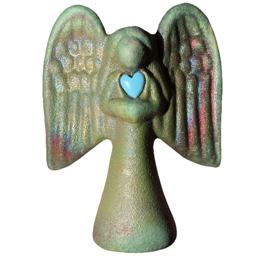 Spirit Angel Raku Figurine Turquoise Heart Jeremy Diller 2" Iridescent Rainbow